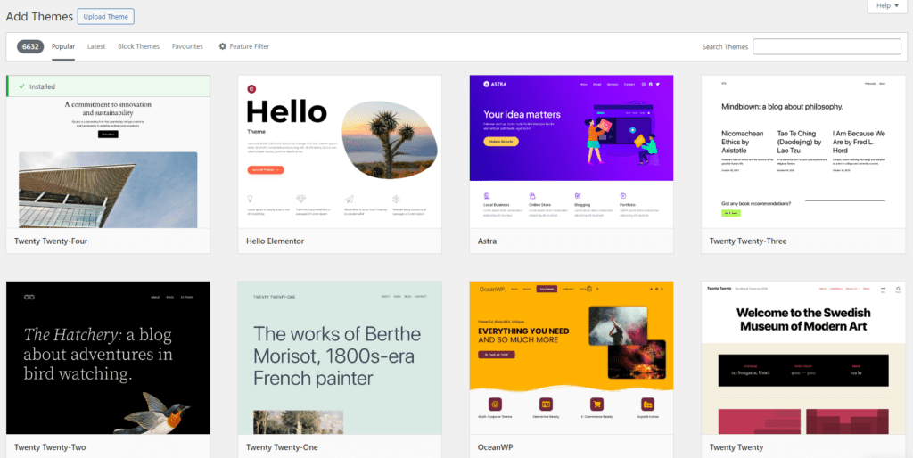 Securing your WordPress site. Screenshot of WordPress themes dashboard.