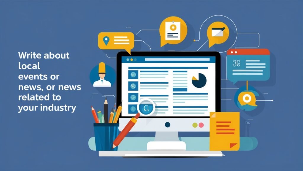 Mastering Local SEO illustration. Write about local news and relevant articles to your industry.