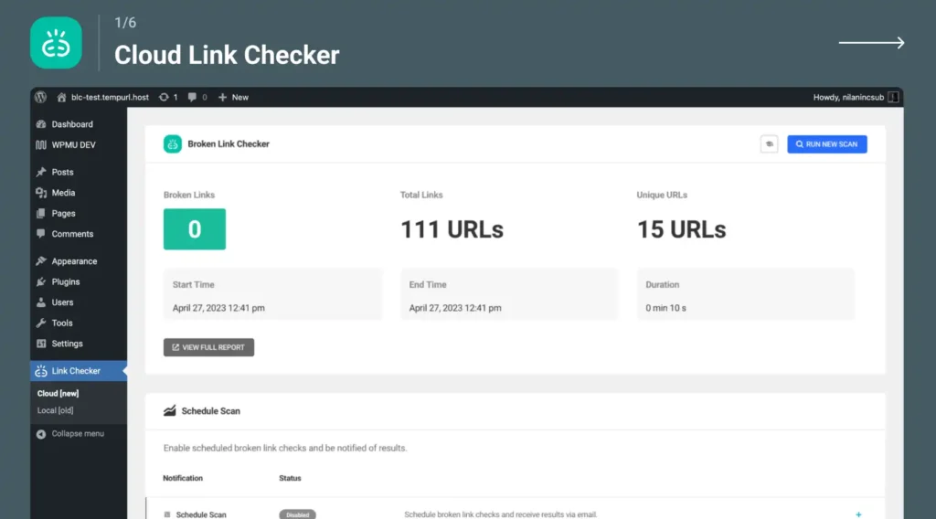 screenshot Broken Links Checker plugin dashboard