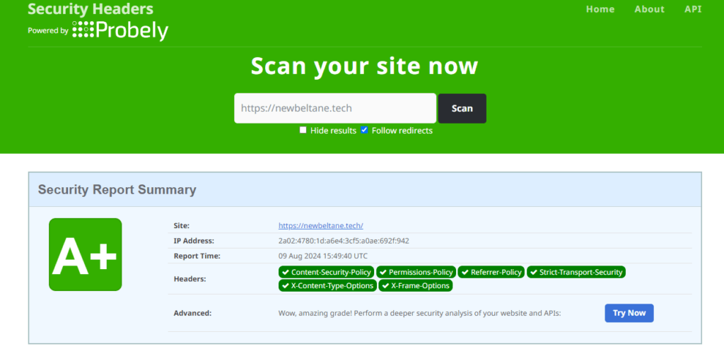 Lock down your site. Screenshot of security scan.