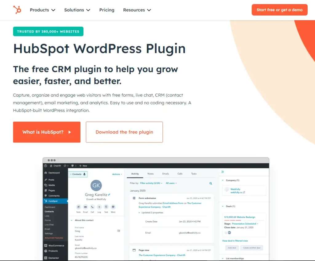Screenshot of HubSpot WordPress Plugin. 5 SEO Plugins.