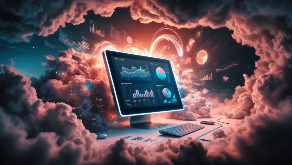 A perfect score! Illustration showing web analytics on a computer screen.